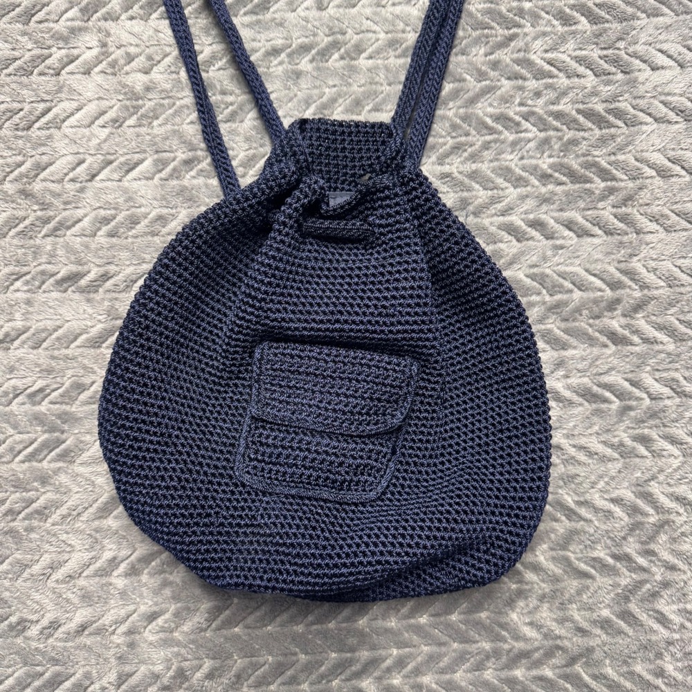 The Sak Crochet Drawstring Backpack Small Navy Blue‎ Excellent Knit Boho (2030)